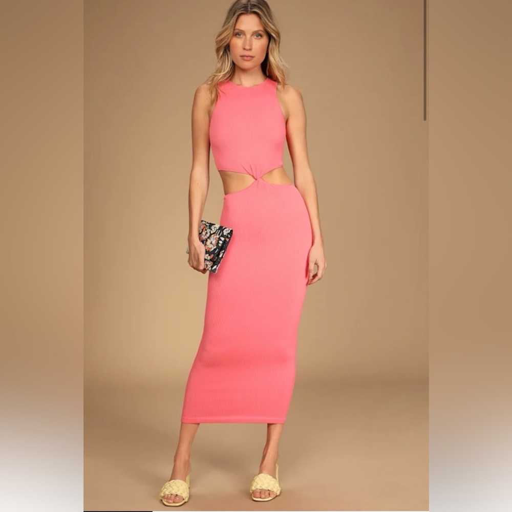 Lulu's Coral Pink Ribbed Cutout Midi Dress